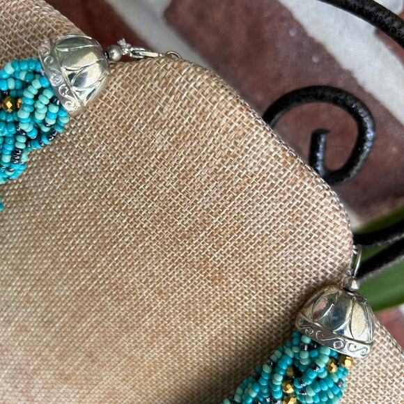 Turquoise and Gold Beaded Chocker Rope-Twist Beaded Necklace 19" - Picture 6 of 13